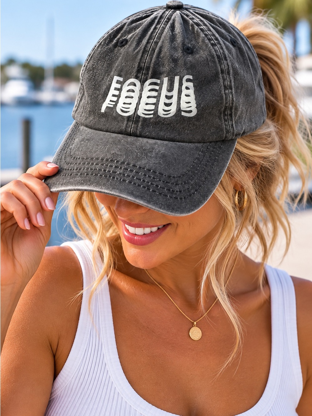 Women’s Washed Black Baseball Cap with White Graphic